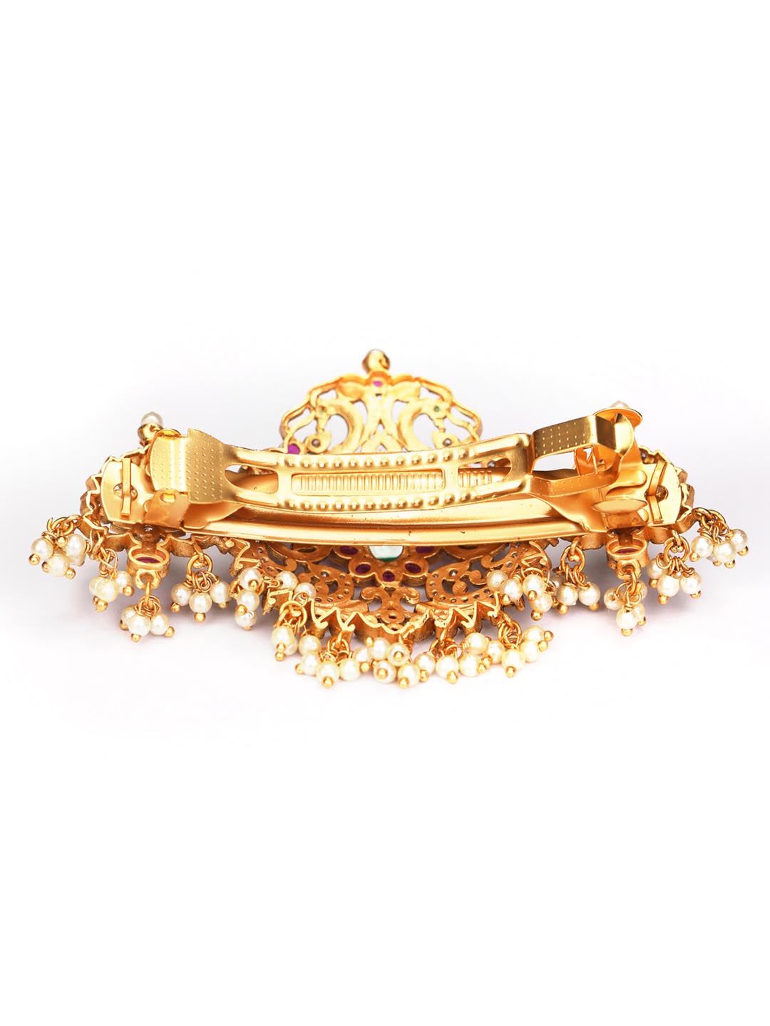 Saaj - American Diamond Kemp Stones Pearls Gold Plated Peacock Claw Clip Hair Accessory