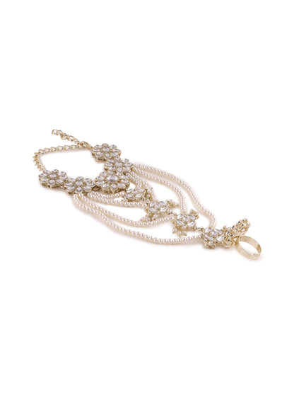 Priyaasi White Pearls and Floral Kundan Hathphool