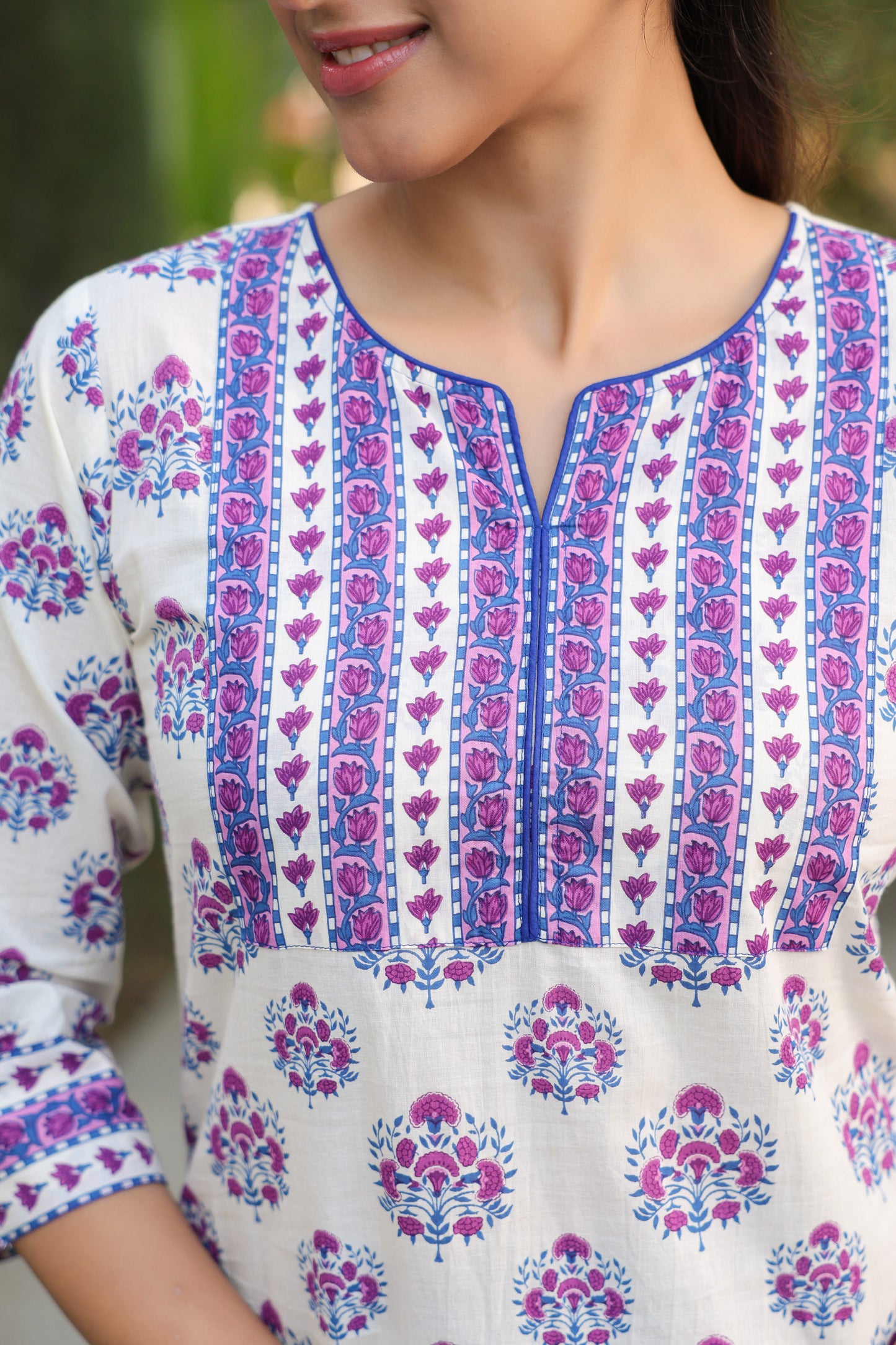 Handcrafted look ethnic motif cotton top with round neck