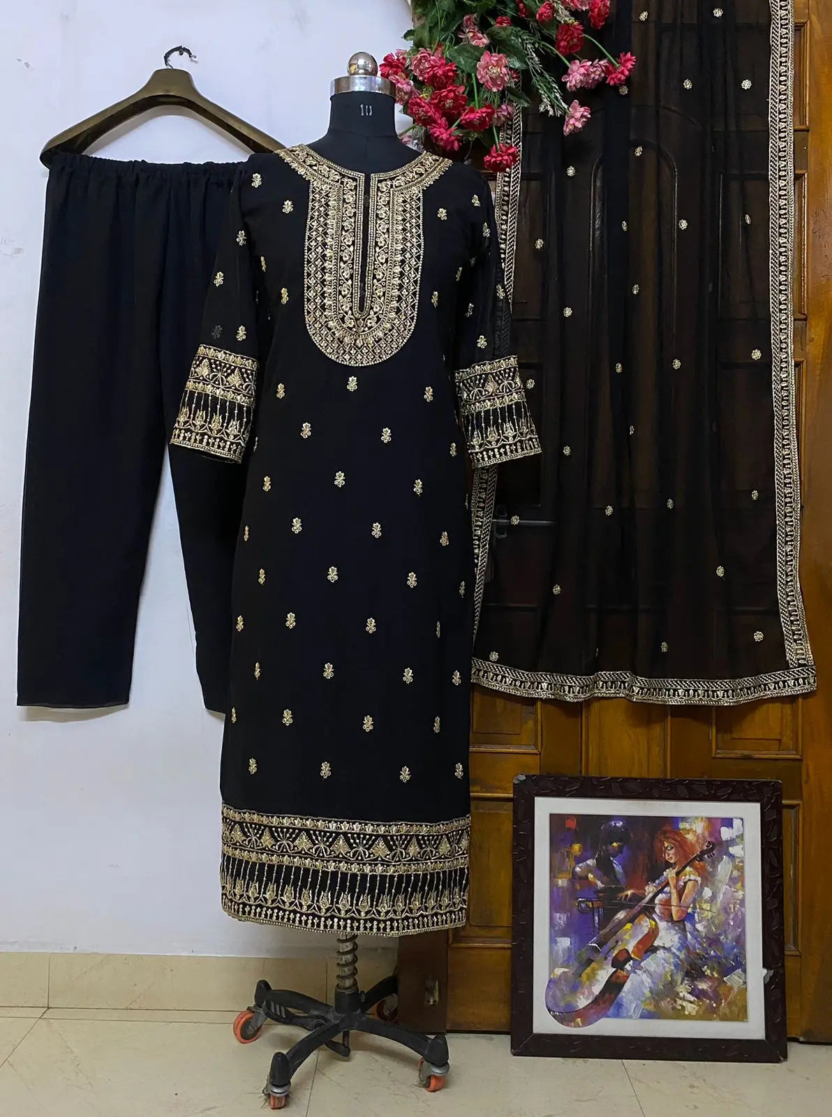 Georgette Neck Embroidery work Kurti Palazzo Dupatta Set - Premium  from Ethenika.com - Just INR 2490! Shop now at Ethenika.com 