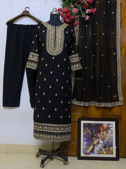 Georgette Neck Embroidery work Kurti Palazzo Dupatta Set - Premium  from Ethenika.com - Just INR 2490! Shop now at Ethenika.com 