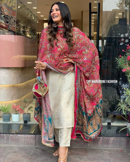 Jeckard Silk Embroidery Zari work Kurti Pant dupatta  Set - Premium  from Ethenika.com - Just INR 2590! Shop now at Ethenika.com 