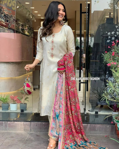 Jeckard Silk Embroidery Zari work Kurti Pant dupatta  Set - Premium  from Ethenika.com - Just INR 2590! Shop now at Ethenika.com 
