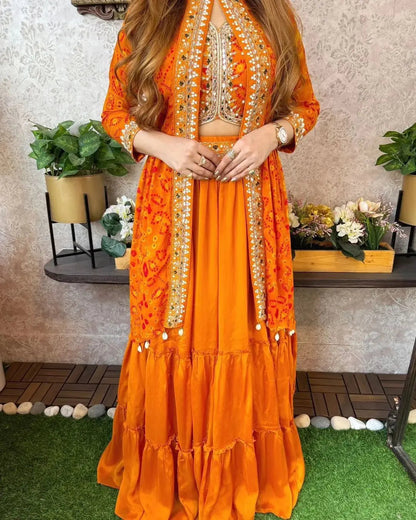 Sequence Embroidery work Bandhani Print Lehenga Shrug Set - Premium  from Ethenika.com - Just INR 2690! Shop now at Ethenika.com 