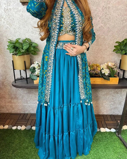 Sequence Embroidery work Bandhani Print Lehenga Shrug Set - Premium  from Ethenika.com - Just INR 2690! Shop now at Ethenika.com 