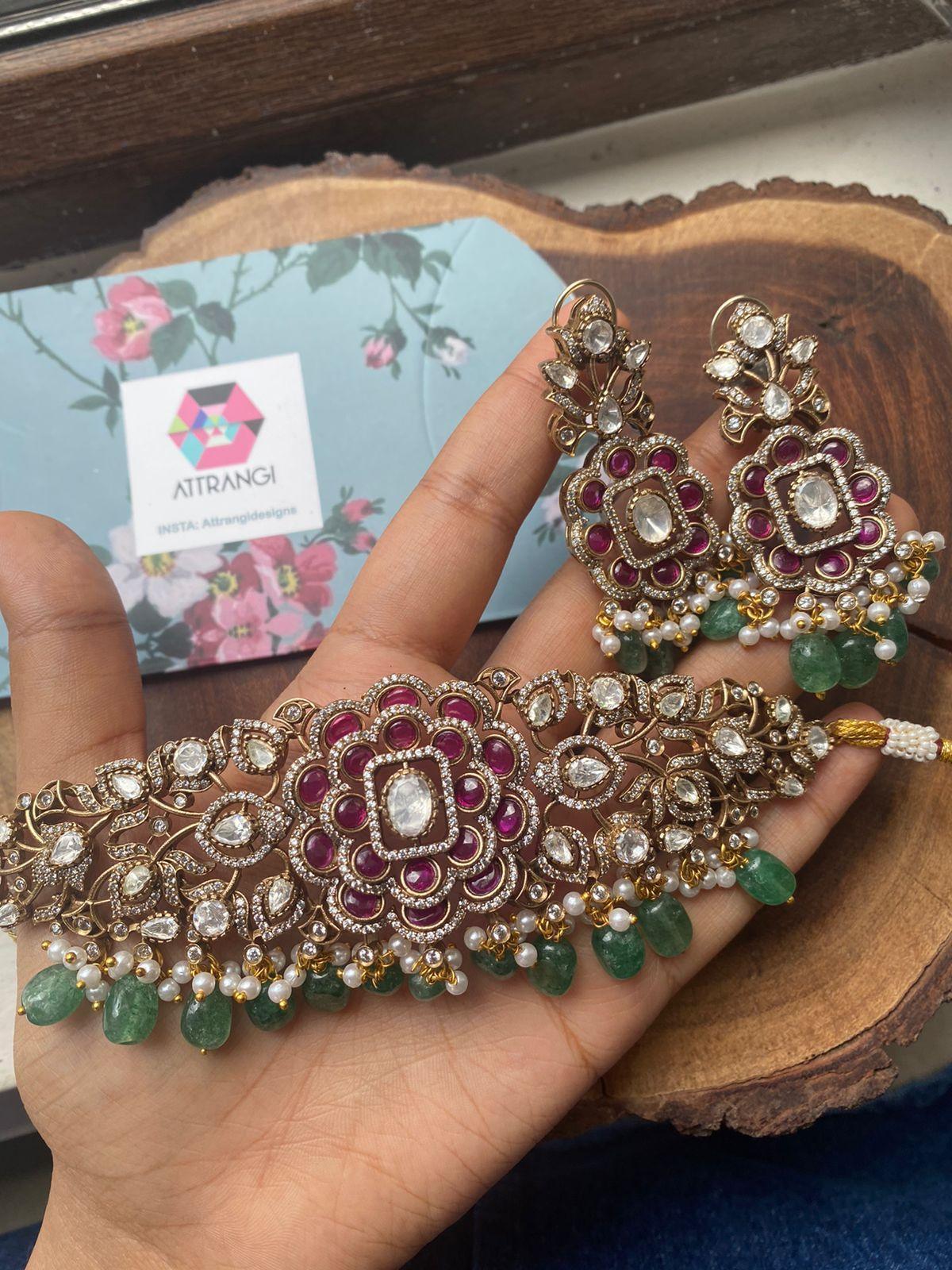 Rosy Polki Choker Set | Antique Gold