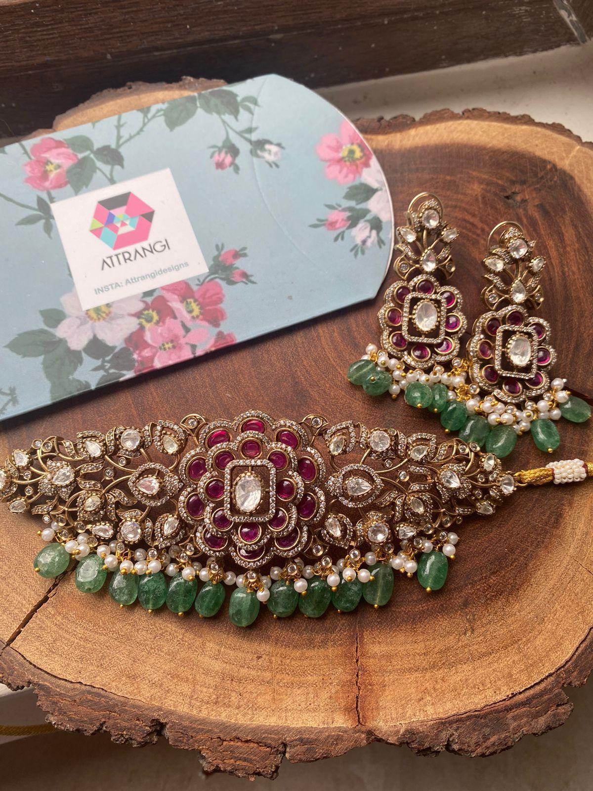 Rosy Polki Choker Set | Antique Gold