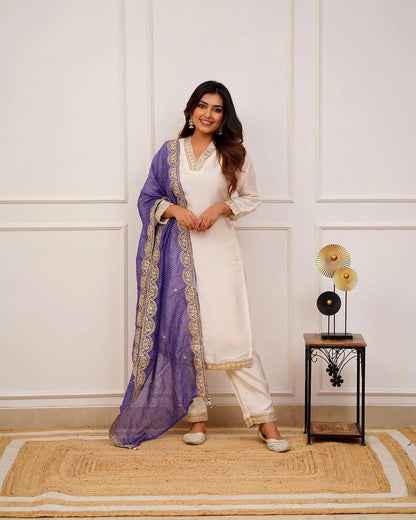 Cotton Silk V neck embroidery work Kurti Pant Dupatta Set - Premium  from Ethenika.com - Just INR 2190! Shop now at Ethenika.com 