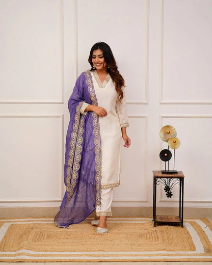 Cotton Silk V neck embroidery work Kurti Pant Dupatta Set - Premium  from Ethenika.com - Just INR 2190! Shop now at Ethenika.com 