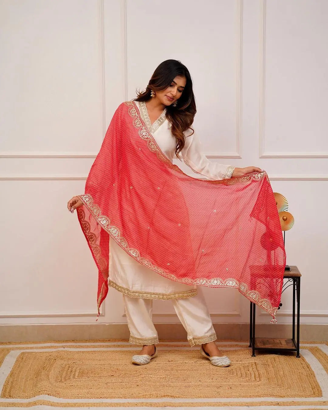 Cotton Silk V neck embroidery work Kurti Pant Dupatta Set - Premium  from Ethenika.com - Just INR 2190! Shop now at Ethenika.com 