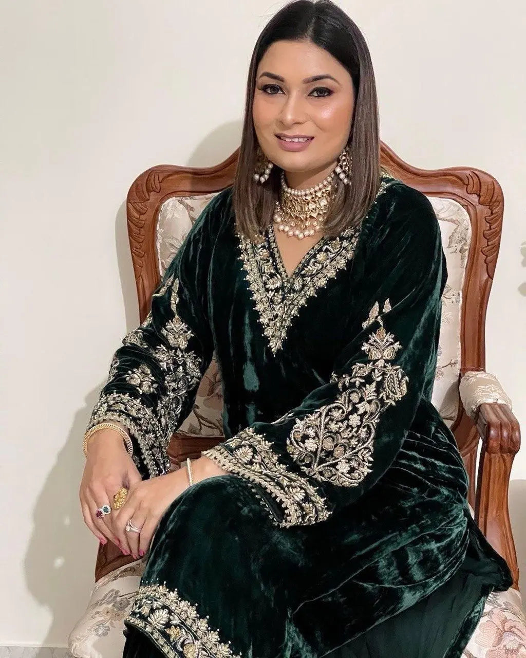 Zari Embroidery work Pakistani Velvet Kurti Pant Dupatta Set(Stitched) - Premium  from Ethenika.com - Just INR 2990! Shop now at Ethenika.com 