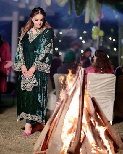 Zari Embroidery work Pakistani Velvet Kurti Pant Dupatta Set(Stitched) - Premium  from Ethenika.com - Just INR 2990! Shop now at Ethenika.com 
