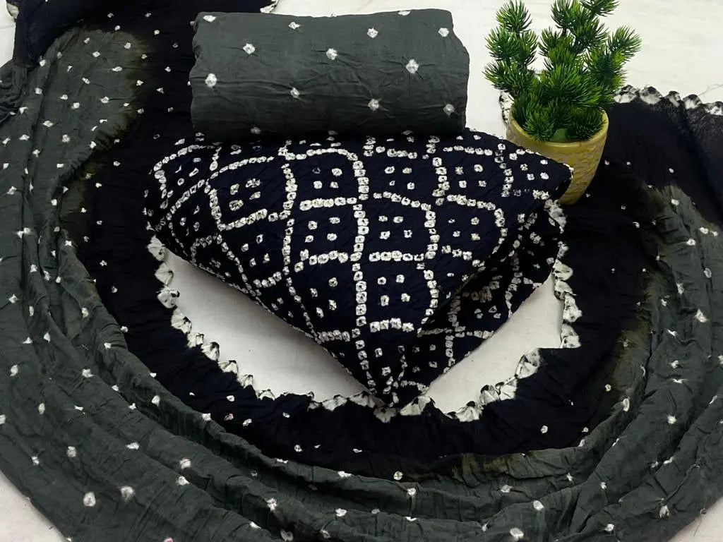 Cotton Satin Dual Contrast Hand Crafted Kutchi Bandhani Material (Unstitched) - Premium  from Ethenika.com - Just INR 1490! Shop now at Ethenika.com 