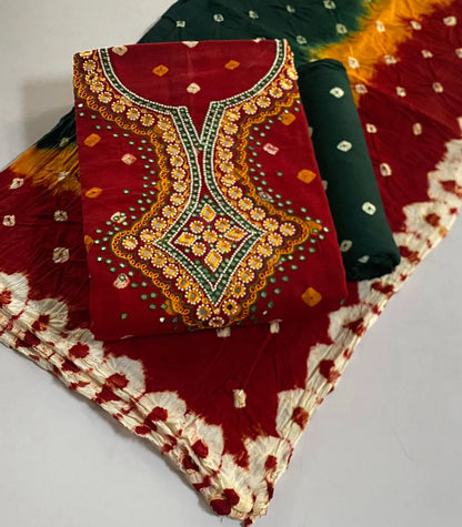 Cotton Real Mirror Resham Thread work Hand Crafted Bandhani Material (Unstitched) - Premium  from Ethenika.com - Just INR 1990! Shop now at Ethenika.com 
