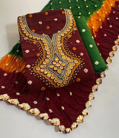 Cotton Real Mirror Resham Thread work Hand Crafted Bandhani Material (Unstitched) - Premium  from Ethenika.com - Just INR 1990! Shop now at Ethenika.com 