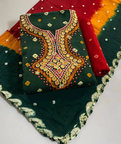 Cotton Real Mirror Resham Thread work Hand Crafted Bandhani Material (Unstitched) - Premium  from Ethenika.com - Just INR 1990! Shop now at Ethenika.com 
