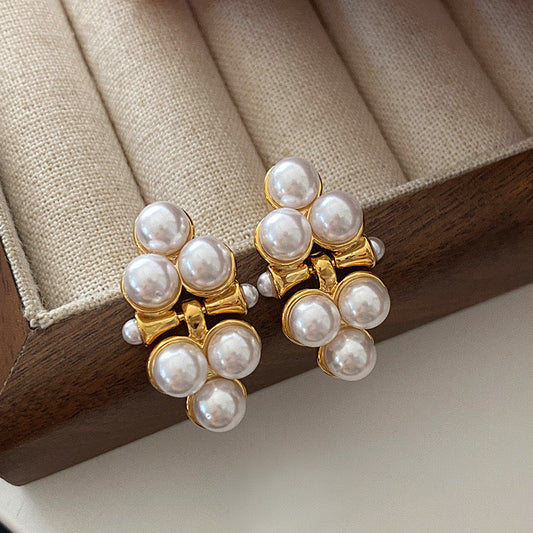 Gold Pearl Cluster Pin Earrings JLT12264