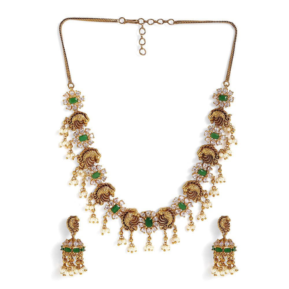 Fish Elegance Floral Pattern Gold Plated Green Stoned Necklace Jhumkis Jewellery Set