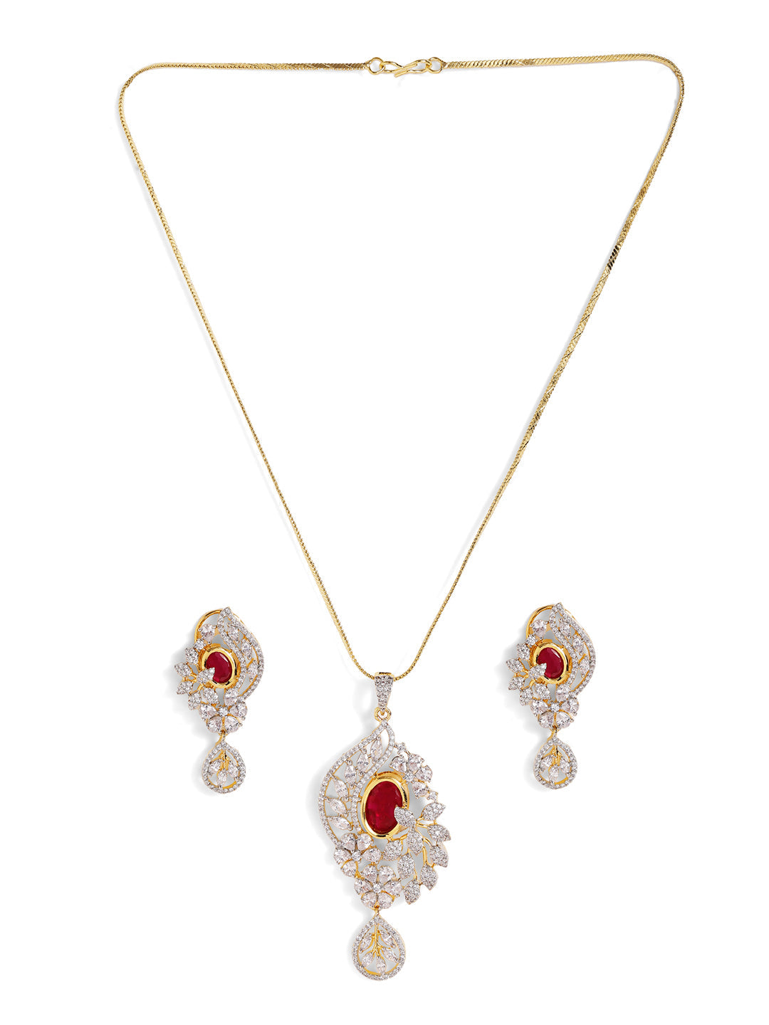 Red Stoned American Diamond Floral Pendant Gold Plated Drop Earrings Jewellery Set