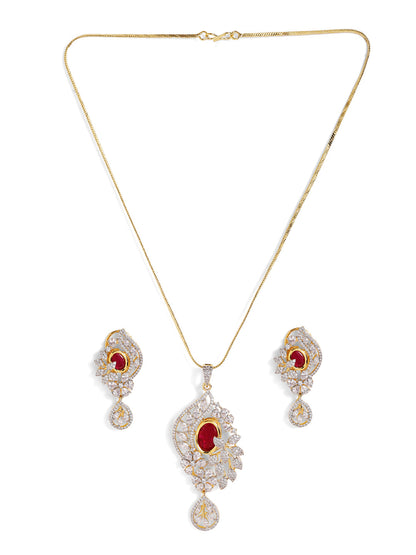 Red Stoned American Diamond Floral Pendant Gold Plated Drop Earrings Jewellery Set