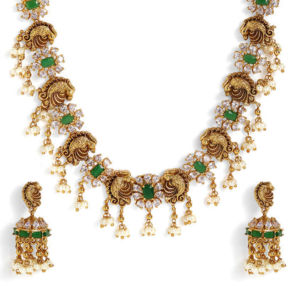 Fish Elegance Floral Pattern Gold Plated Green Stoned Necklace Jhumkis Jewellery Set