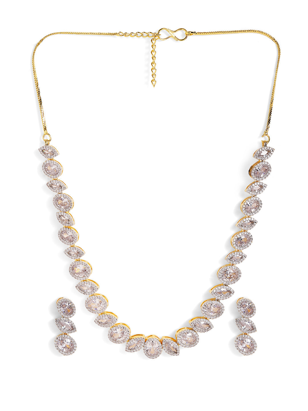 American Diamond Geometric Styled Gold Plated necklace and Drop Earrings Jewellery Set