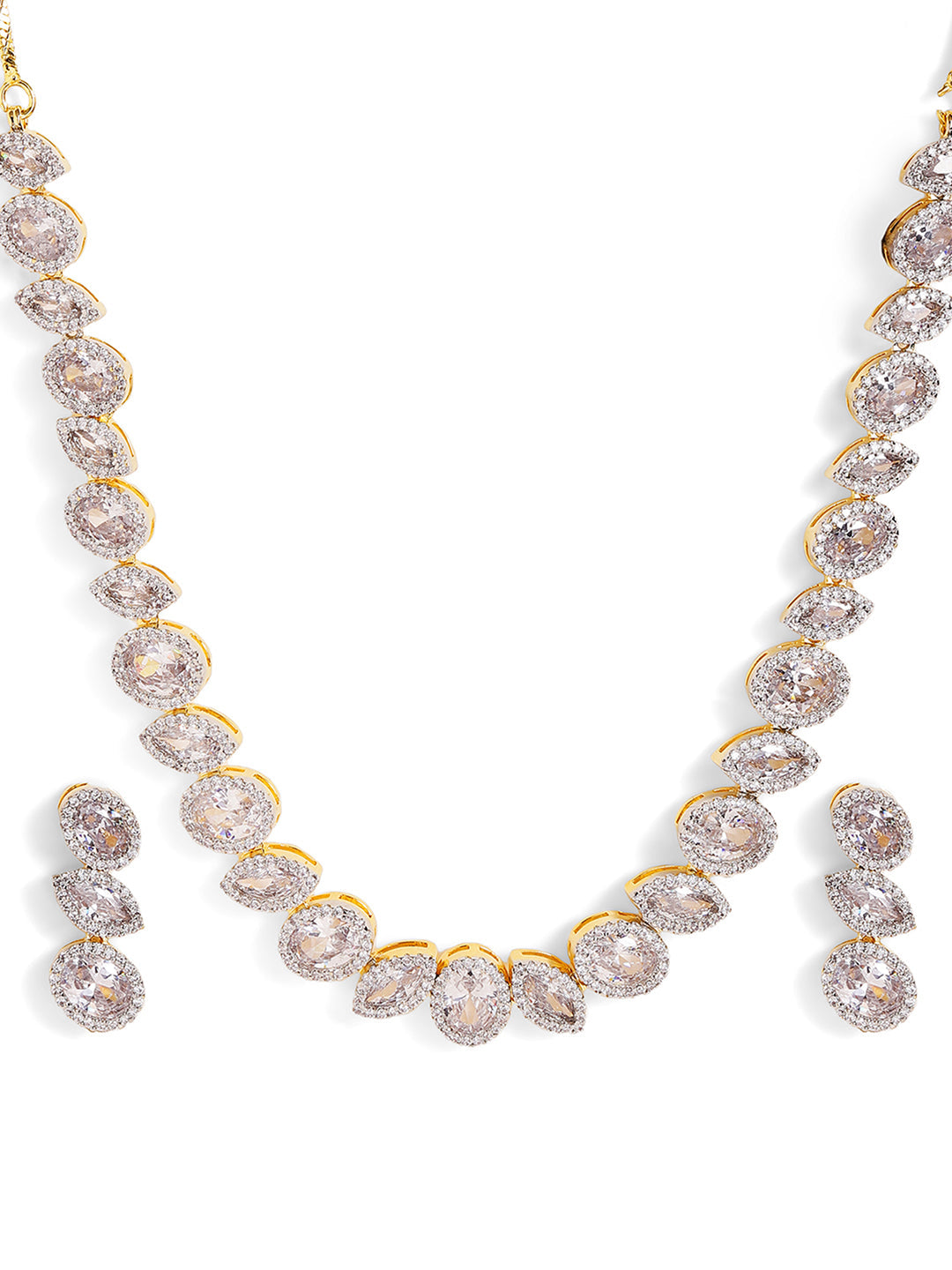 American Diamond Geometric Styled Gold Plated necklace and Drop Earrings Jewellery Set