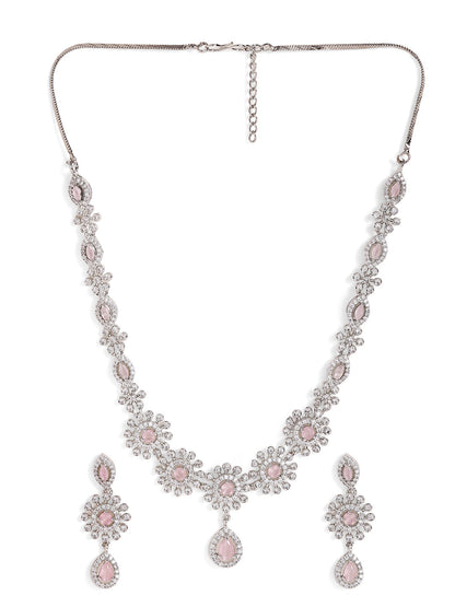 Pink Stoned American Diamond Silver Plated Necklace and Floral Drop Earrings Jewellery Set