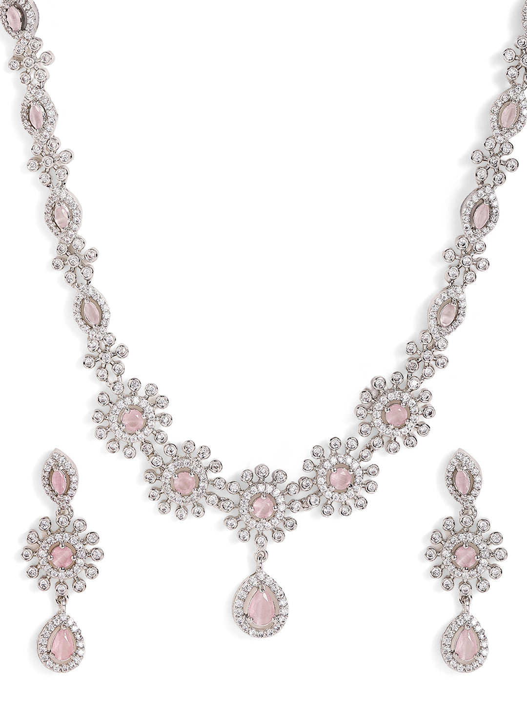 Pink Stoned American Diamond Silver Plated Necklace and Floral Drop Earrings Jewellery Set