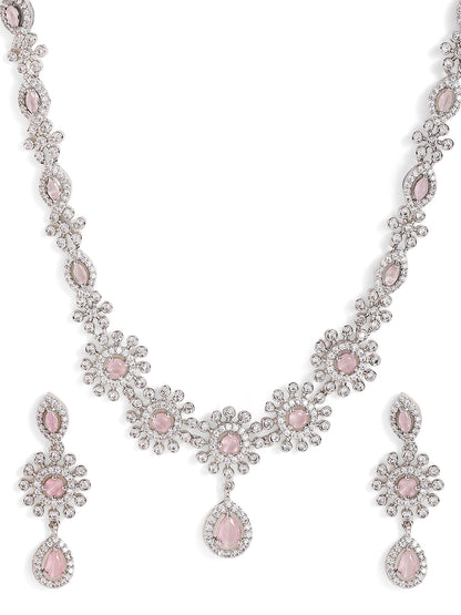 Pink Stoned American Diamond Silver Plated Necklace and Floral Drop Earrings Jewellery Set