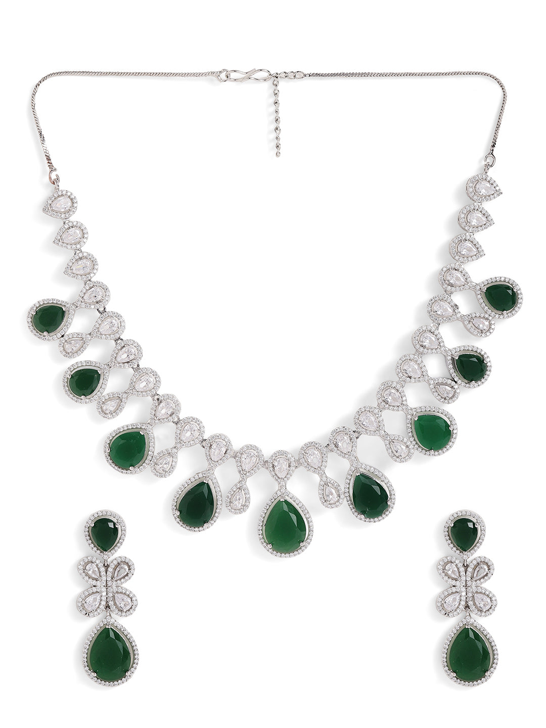 Drop Shaped Emerald American Diamond Necklace Silver Plated Drop Earrings Jewellery Set