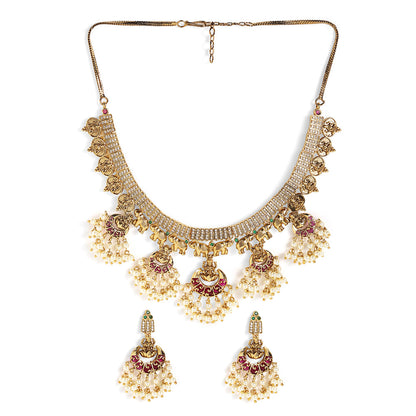 Ruby Pearl Elegance Gold Plated Lakshmi Design Necklace Drop Earrings Jewellery Set