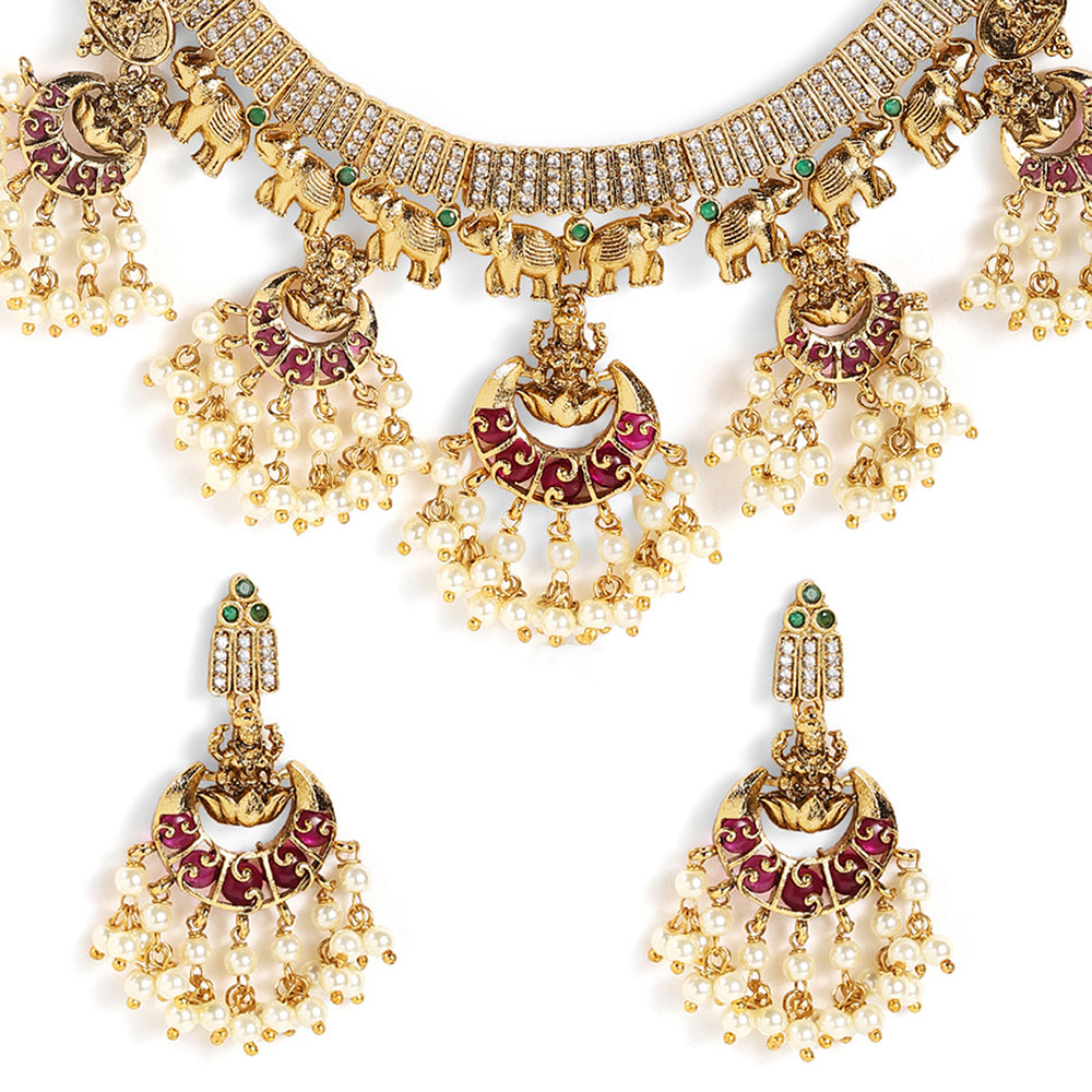 Ruby Pearl Elegance Gold Plated Lakshmi Design Necklace Drop Earrings Jewellery Set