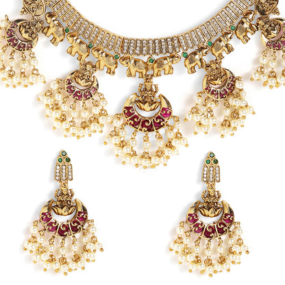 Ruby Pearl Elegance Gold Plated Lakshmi Design Necklace Drop Earrings Jewellery Set