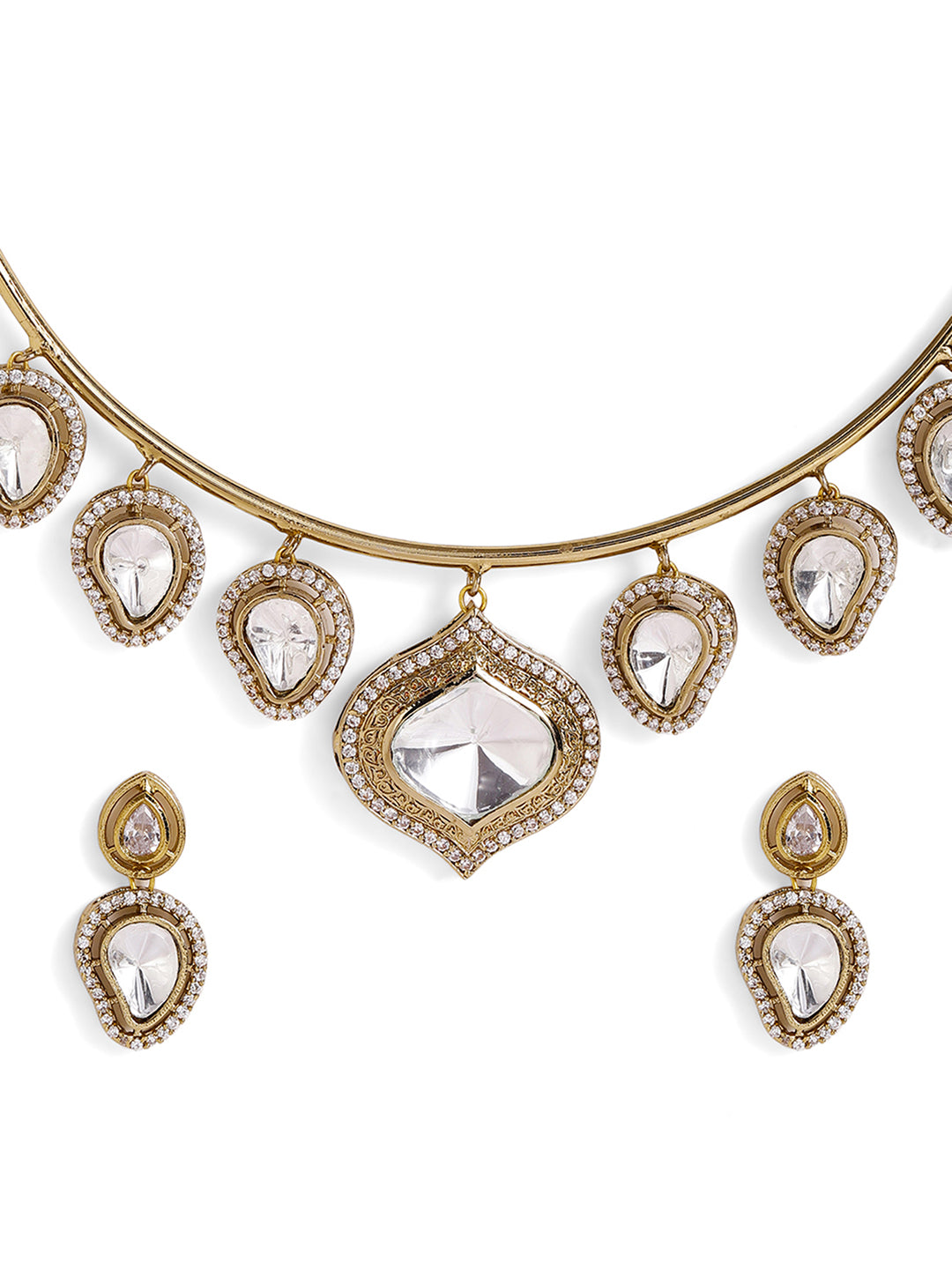 Mango Shaped Polki Stoned Gold Plated Mini Drop Earrings Jewellery Set