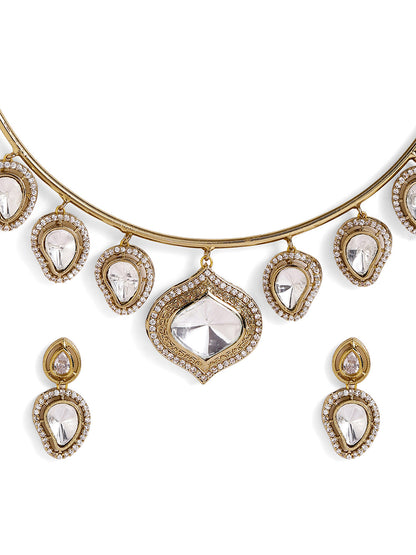 Mango Shaped Polki Stoned Gold Plated Mini Drop Earrings Jewellery Set