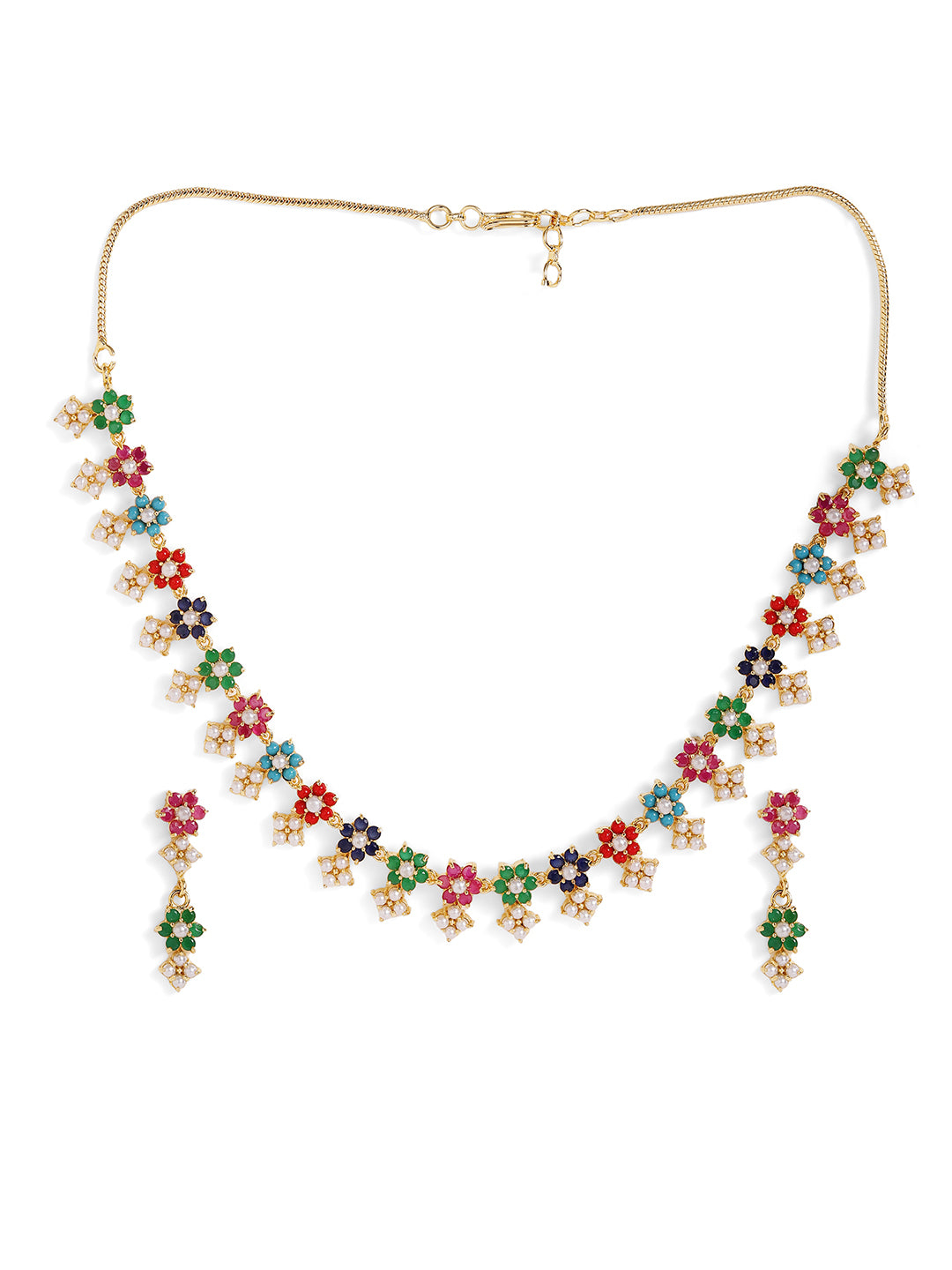 Floral Multicolor Stoned and Pearl Combo Gold Plated Necklace Drop Earrings Jewellery Set