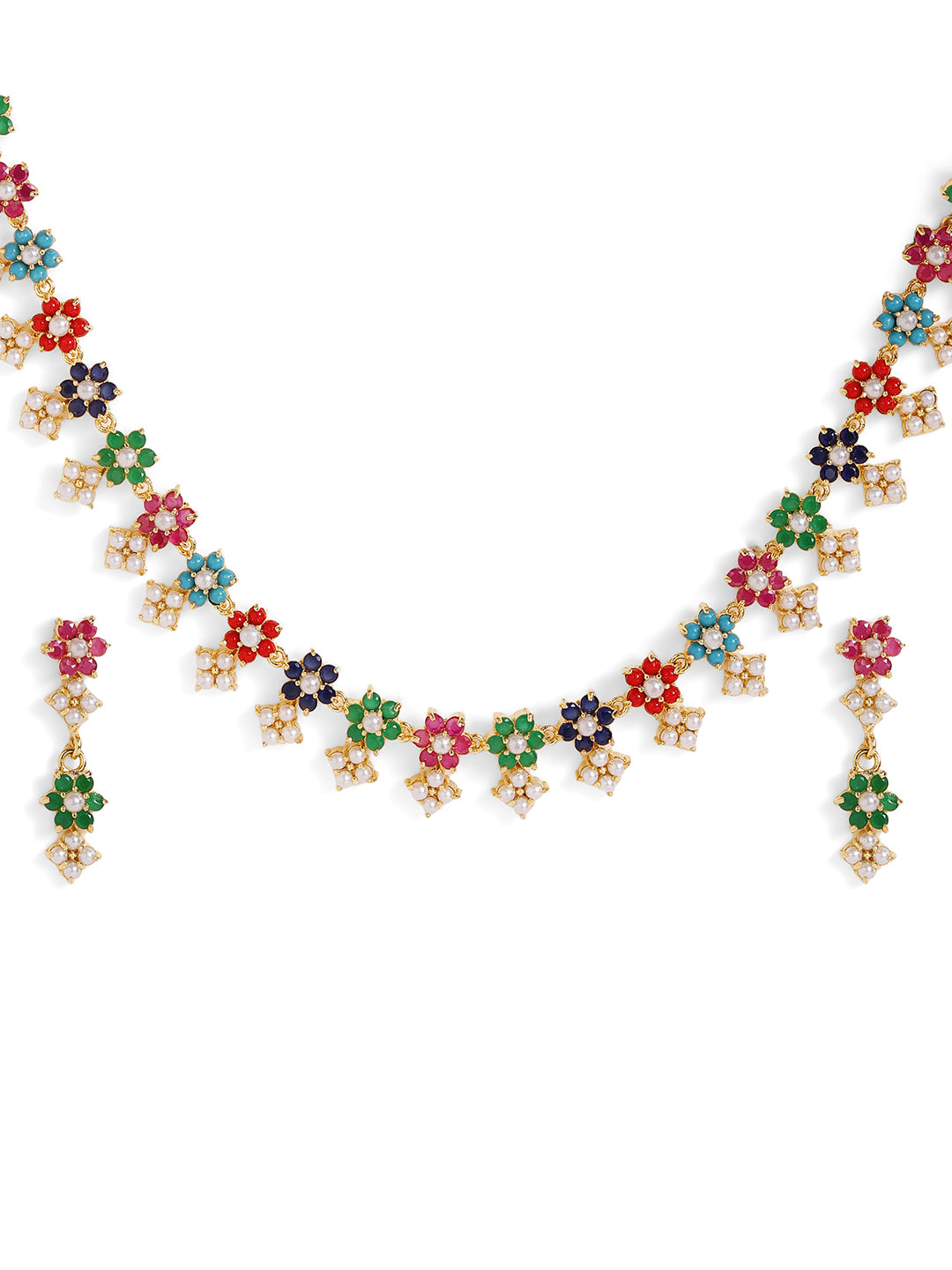 Floral Multicolor Stoned and Pearl Combo Gold Plated Necklace Drop Earrings Jewellery Set