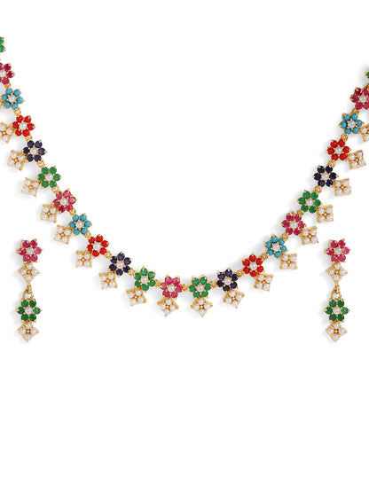 Floral Multicolor Stoned and Pearl Combo Gold Plated Necklace Drop Earrings Jewellery Set