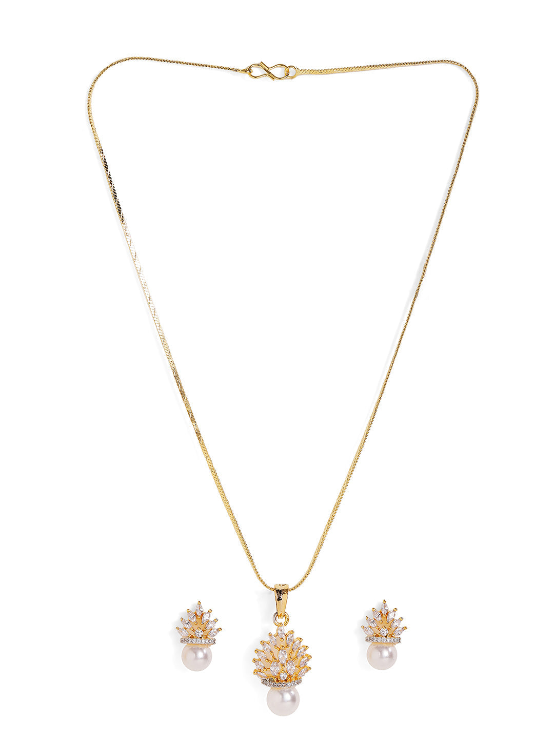 Floral American Diamond Gold Plated Pendant Pearl Drop Earrings Jewellery Set