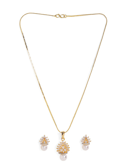 Floral American Diamond Gold Plated Pendant Pearl Drop Earrings Jewellery Set
