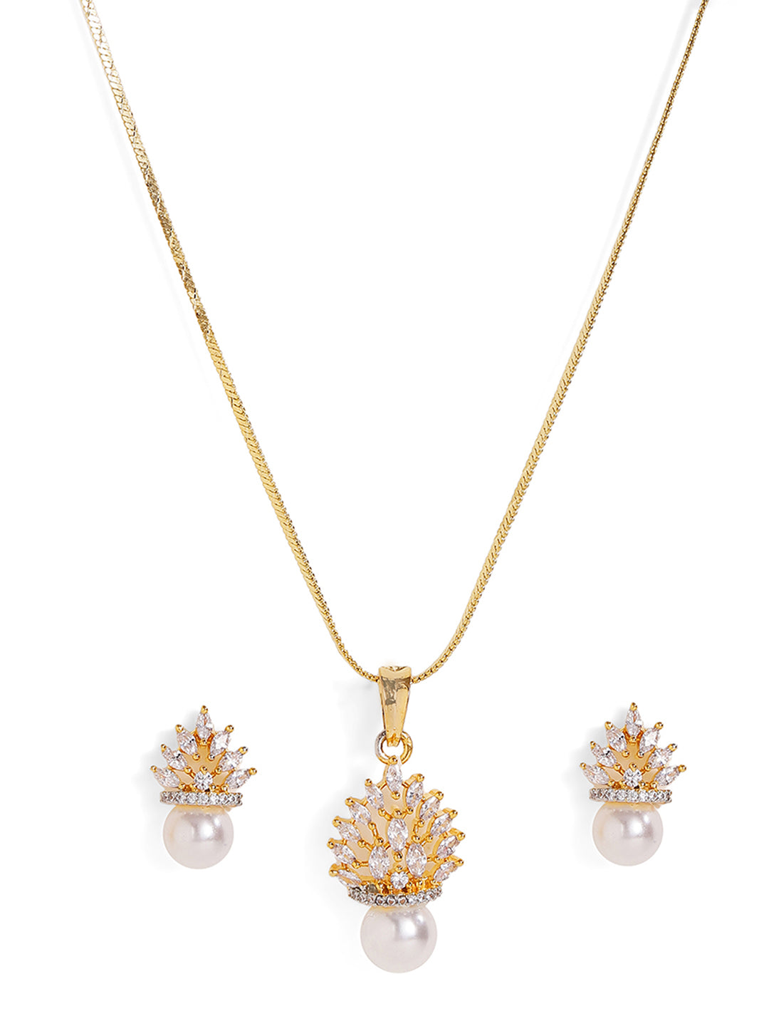 Floral American Diamond Gold Plated Pendant Pearl Drop Earrings Jewellery Set