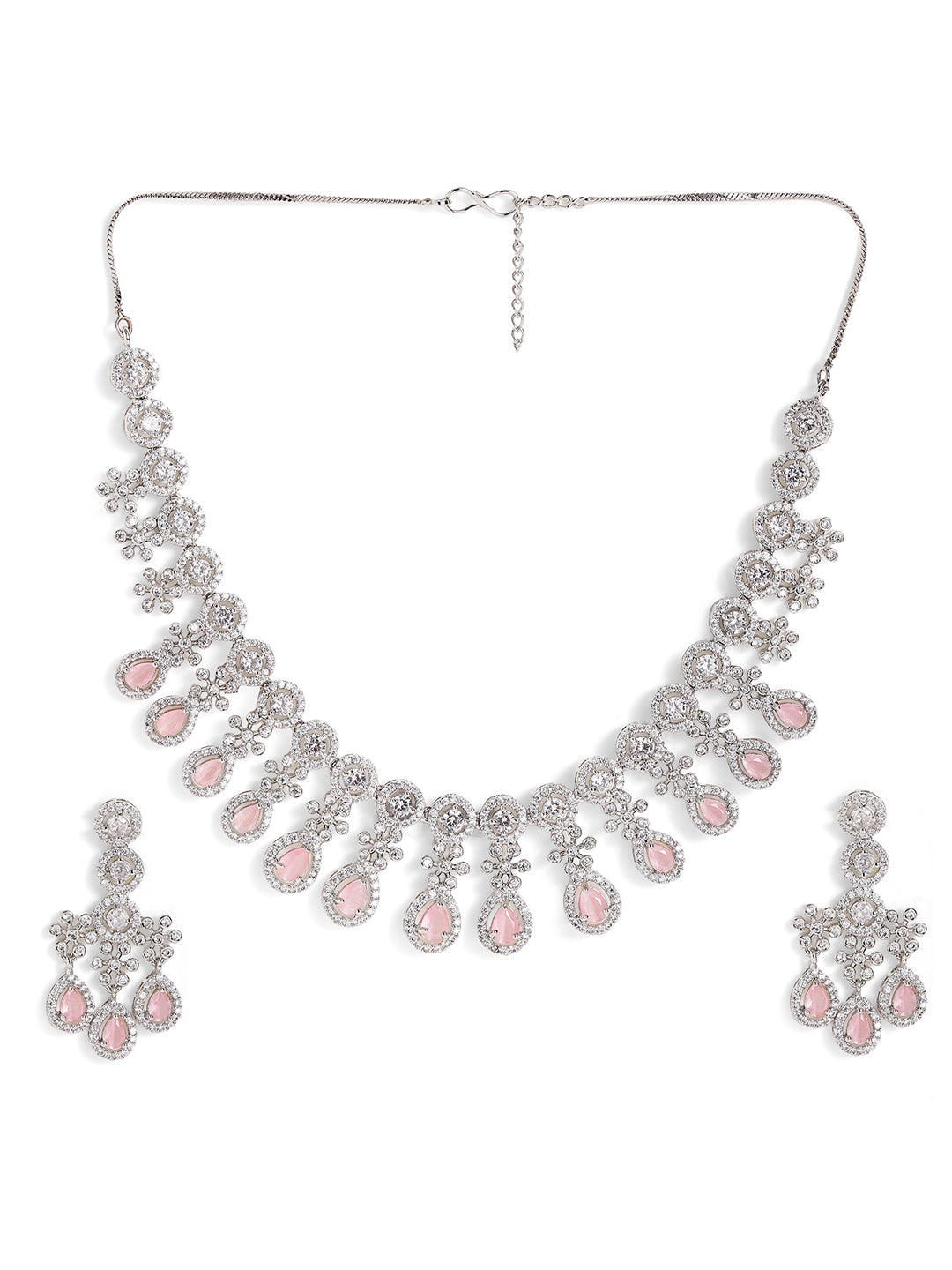 Pink Stoned Floral Design American Diamond Necklace and Drop Earrings Jewellery Set