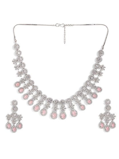 Pink Stoned Floral Design American Diamond Necklace and Drop Earrings Jewellery Set