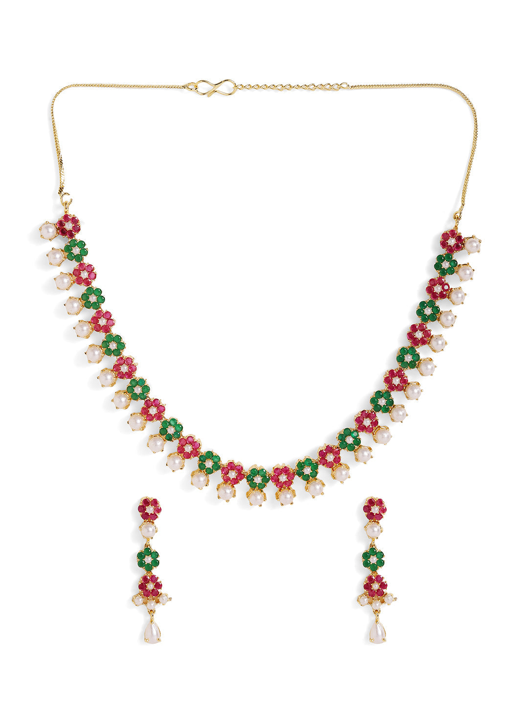 Multicolor Floral Pattern Pearl Gold Plated Necklace and Drop Earrings Jewellery Set