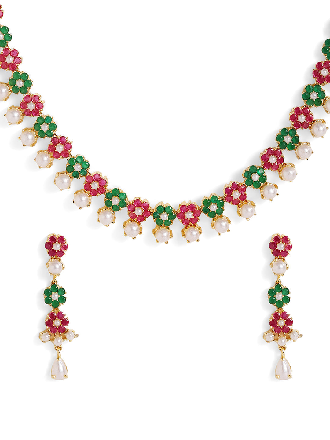 Multicolor Floral Pattern Pearl Gold Plated Necklace and Drop Earrings Jewellery Set