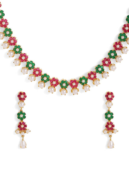 Multicolor Floral Pattern Pearl Gold Plated Necklace and Drop Earrings Jewellery Set