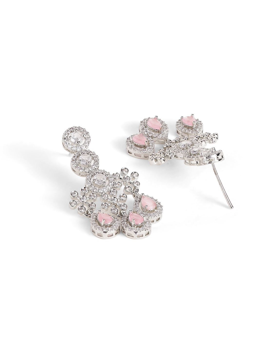Pink Stoned Floral Design American Diamond Necklace and Drop Earrings Jewellery Set
