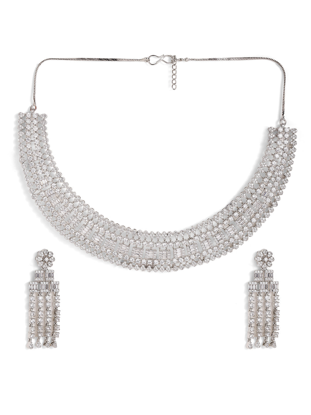 Fancy Statement American Diamond Silver Plated necklace Drop Earrings Jewellery Set