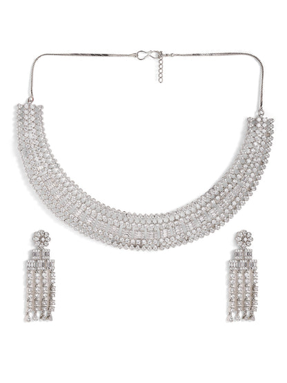 Fancy Statement American Diamond Silver Plated necklace Drop Earrings Jewellery Set